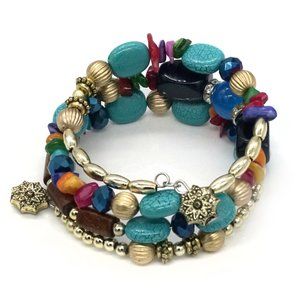 Bracelet Turquoise Gold Multi Colored Beads, Memory Wire, 2 Charms.